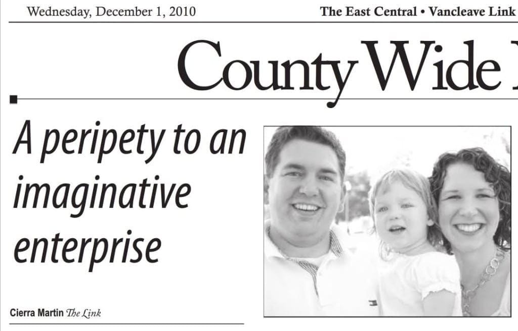 2010 County Wide newspaper clipping featuring Anna and Bryan Cirlot with their daughter, titled A peripety to an imaginative enterprise